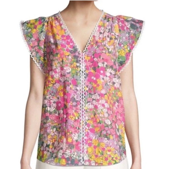Kate Spade NY Floral Scalloped Trim Preppy Flutter Cap Sleeve V-Neck Blouse. - Picture 1 of 10